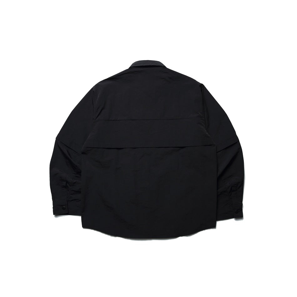Back view of a black long-sleeve shirt jacket with a horizontal back yoke and buttoned cuffs.