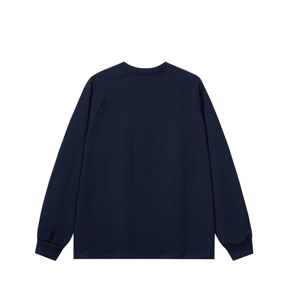 Back view of plain navy long-sleeve raglan sweatshirt with ribbed cuffs and crew neckline