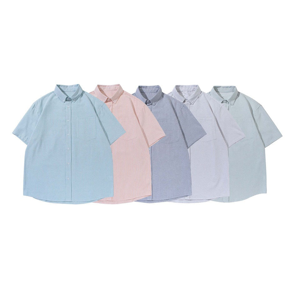 Five short-sleeve button-up shirts with fine stripes in blue, pink, gray, pale lavender, and pale green.