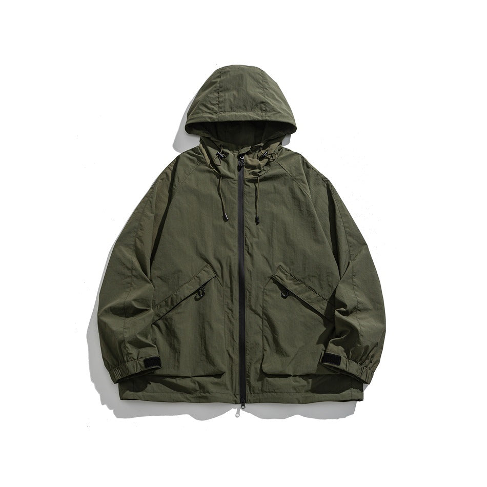 Army green hooded zip jacket with drawcord hood, large flap pockets and elastic cuffs, flat lay