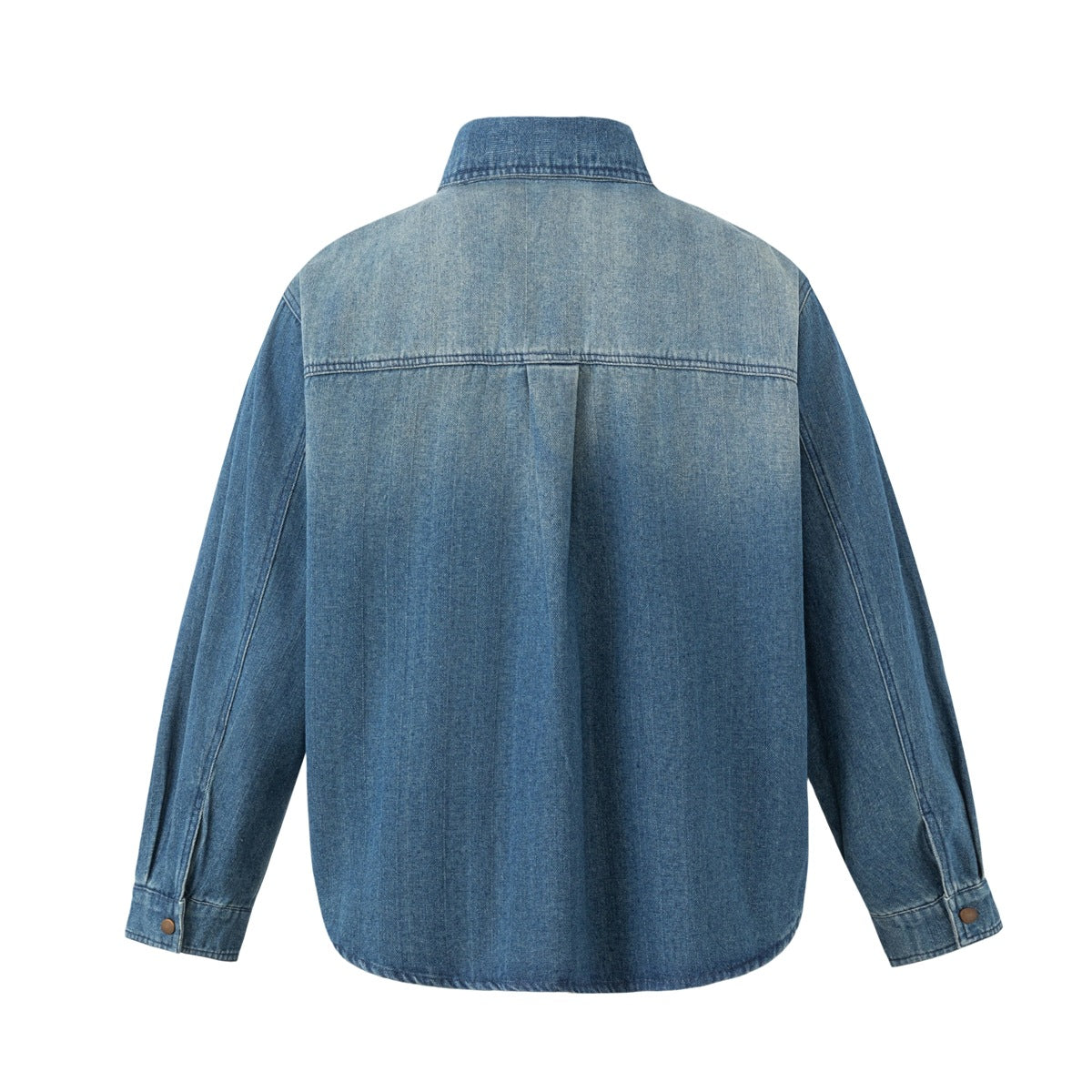 Back view of a blue denim shirt jacket with a yoke seam, long sleeves, and snap cuffs.