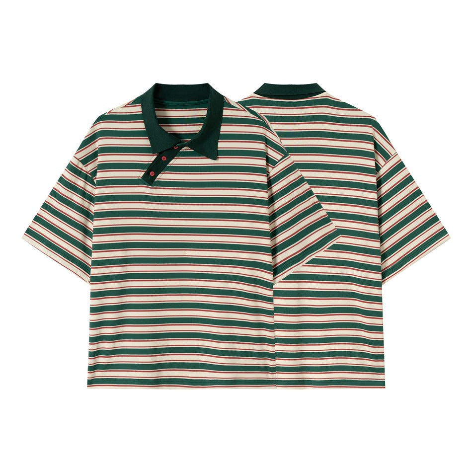 Front and back views of a short-sleeve polo shirt with dark green, cream, and muted red stripes and a dark green collar.