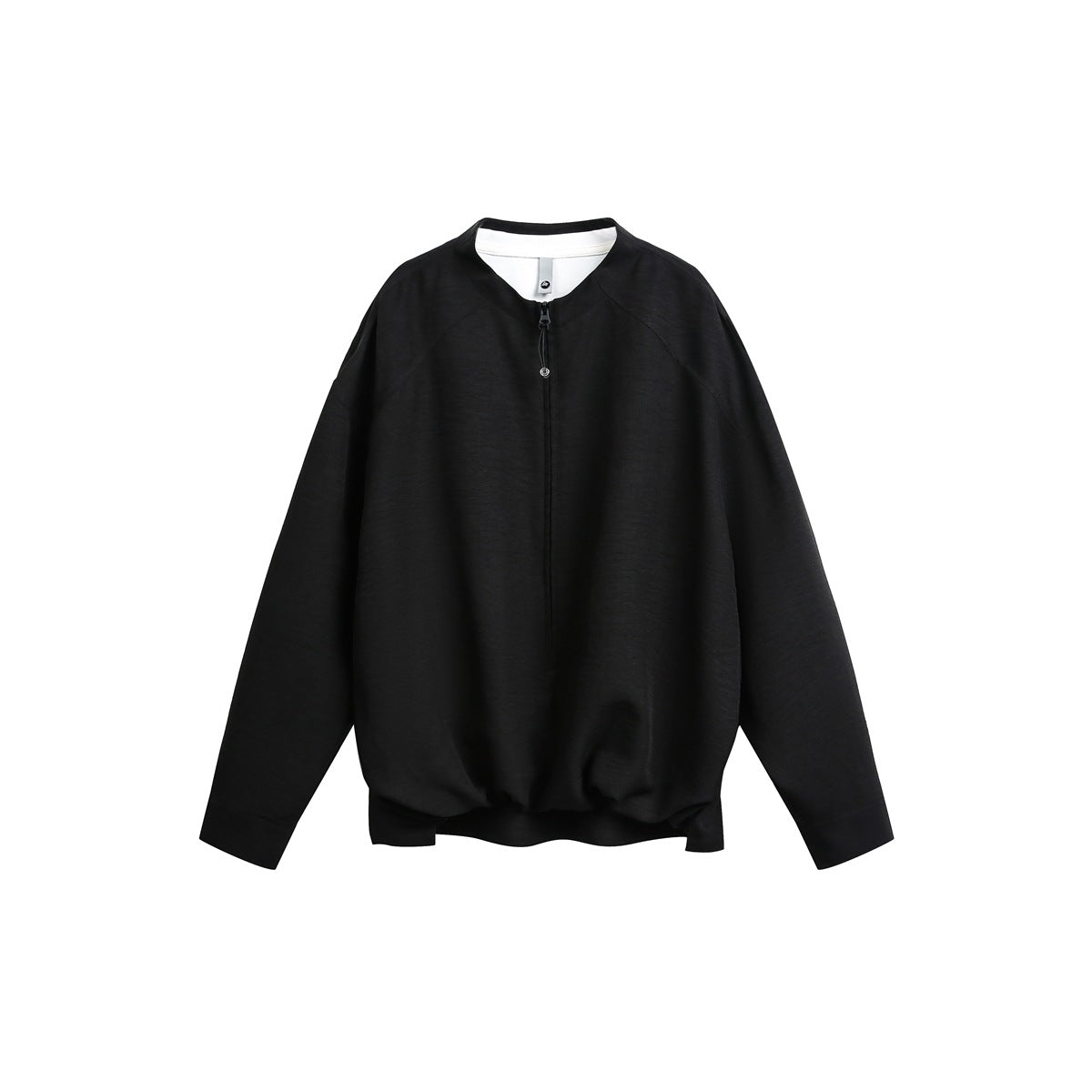 Black stand-collar jacket zipped closed with white layer visible at the neckline, flat lay on white background