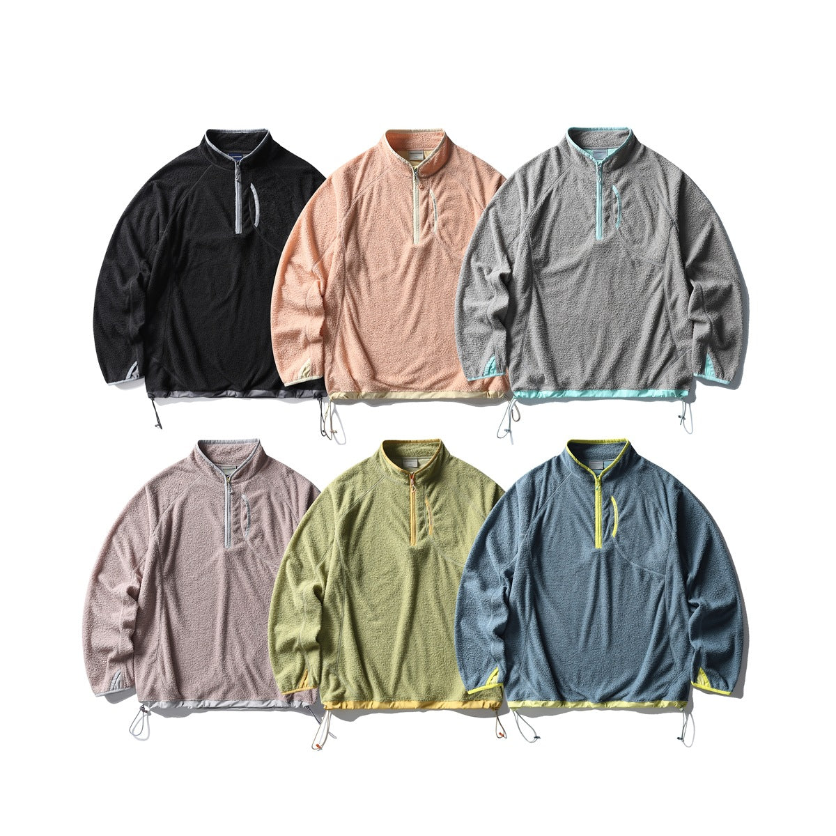 Six quarter-zip fleece pullovers displayed flat in black, peach, gray, dusty pink, olive and blue colorways.