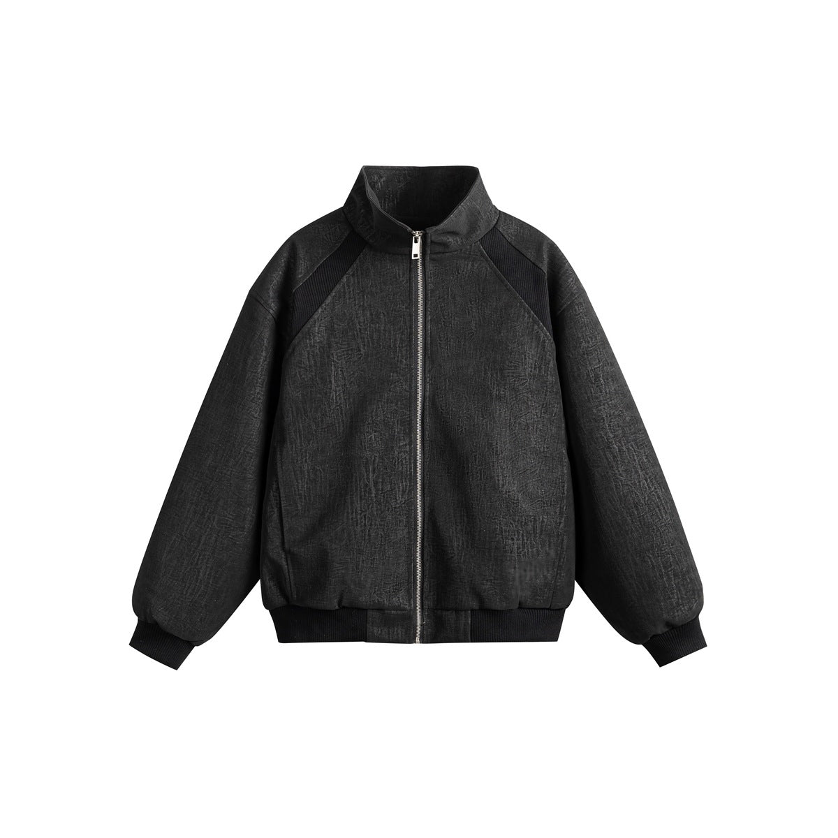 Black textured stand-collar zip jacket with ribbed shoulder panels, cuffs and hem, flat front view