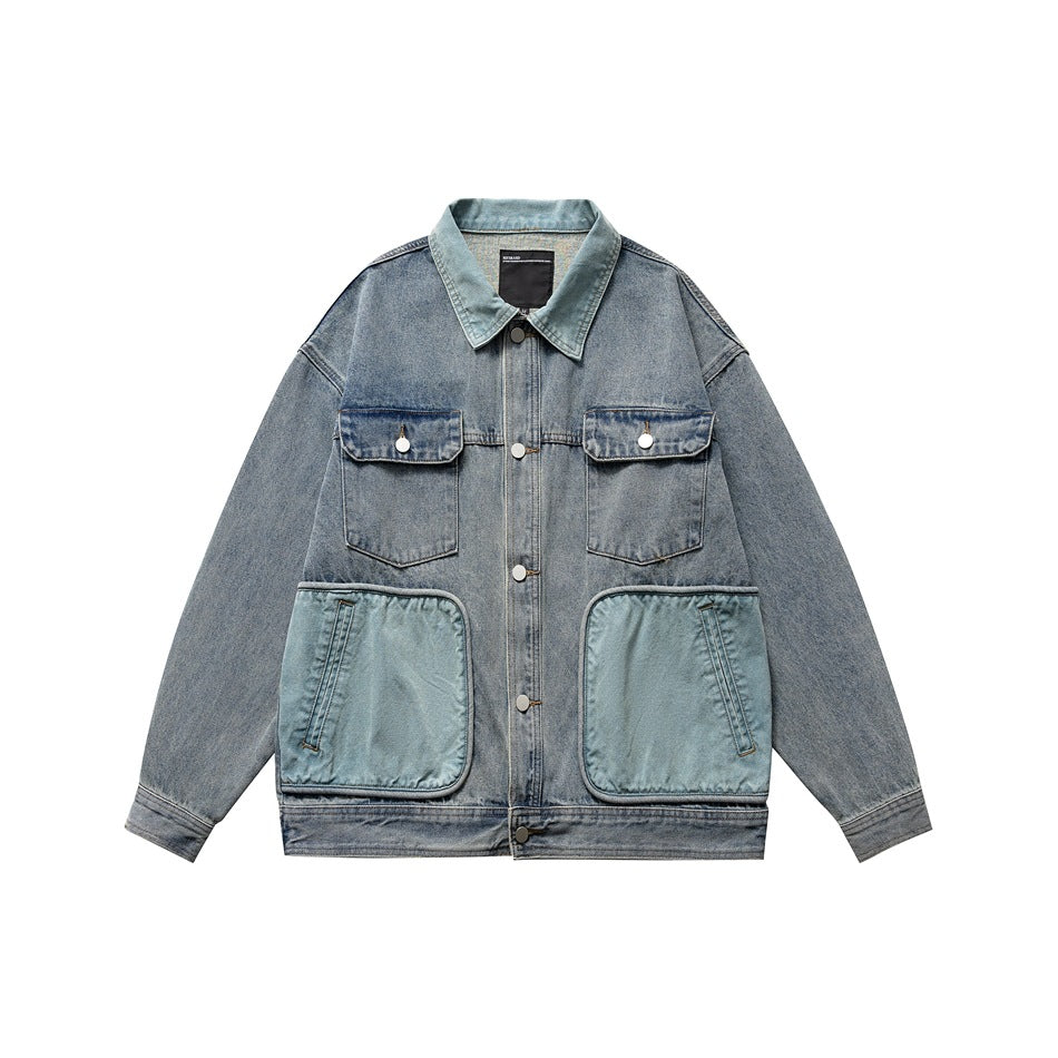 Blue washed denim jacket with chest flap pockets and large lighter blue patch pockets, front view