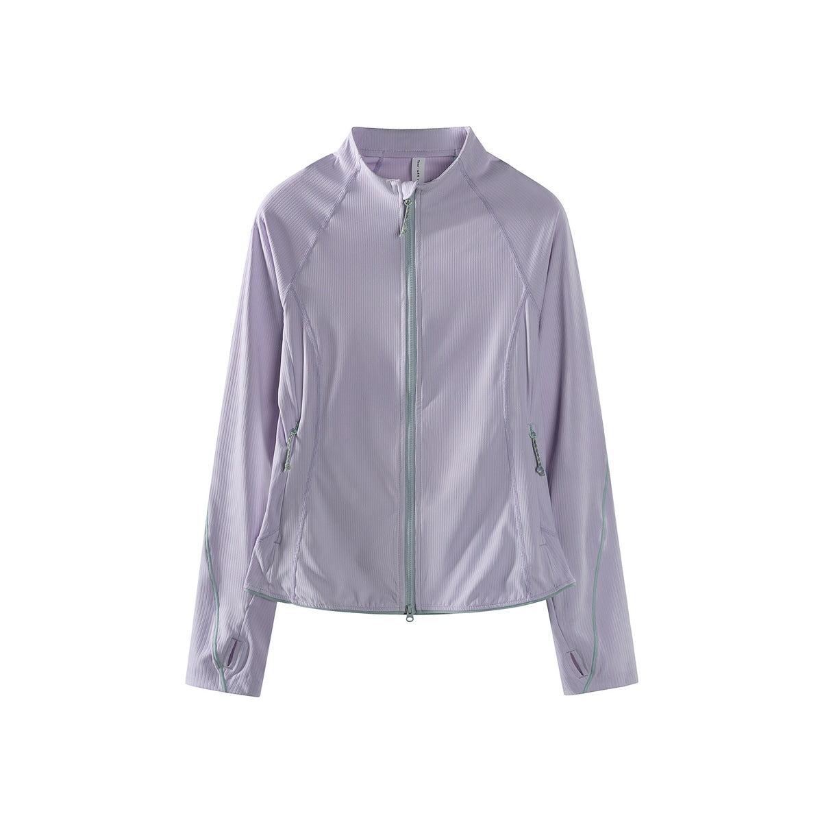 Lilac women's zip-up jacket with stand collar, gray-green zipper and piping, ribbed texture, flat front view