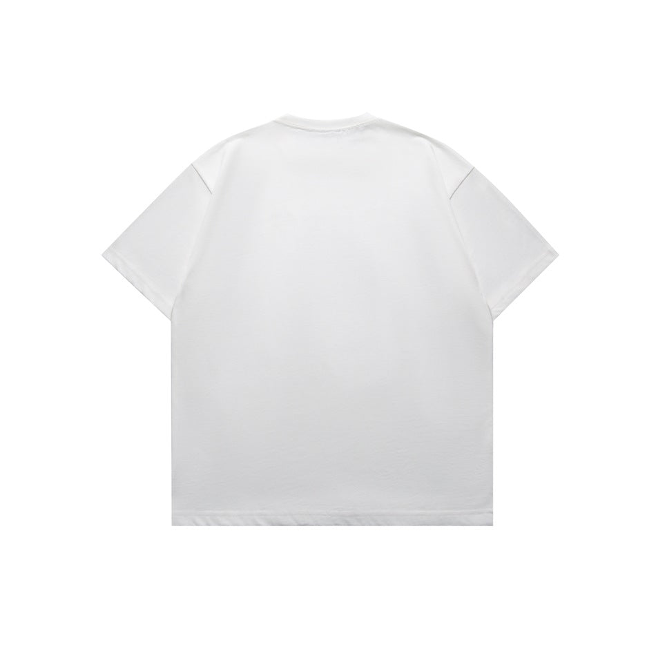 Back view of a plain white short-sleeve crew neck T-shirt with a dropped shoulder seam