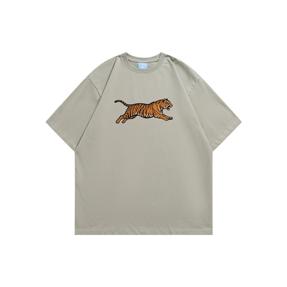 Gray-green short-sleeve crew neck T-shirt with orange leaping tiger print on the front