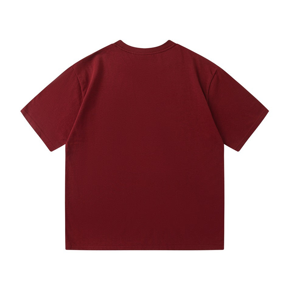 Back view of a plain burgundy red short-sleeve crew-neck T-shirt