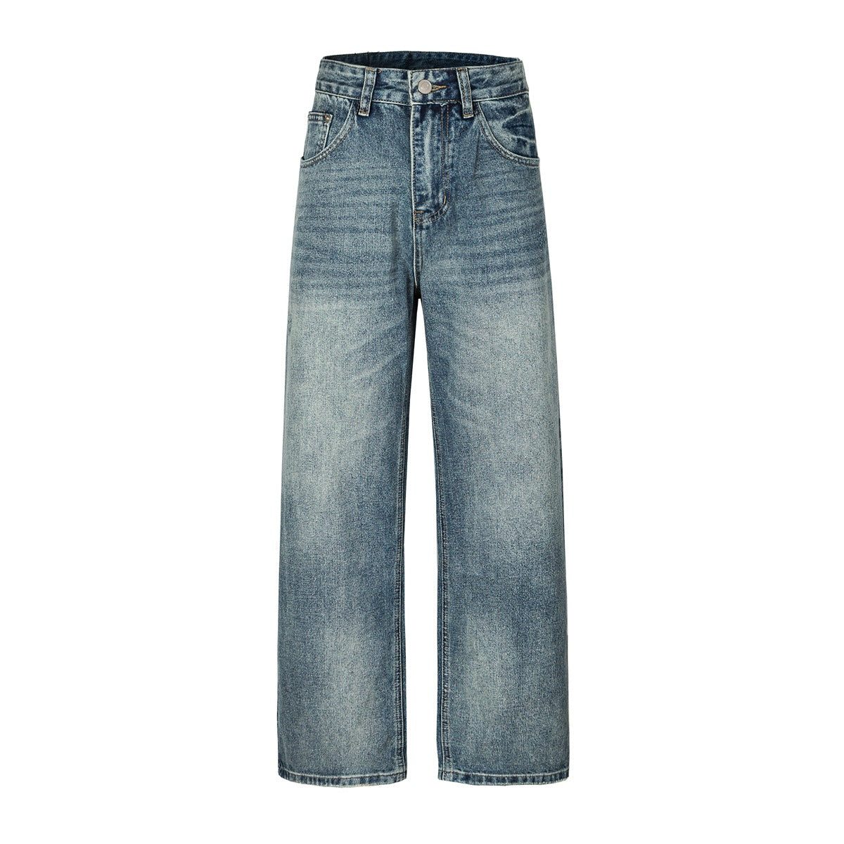 Washed blue wide-leg denim jeans, flat front view with zip fly, metal button and belt loops