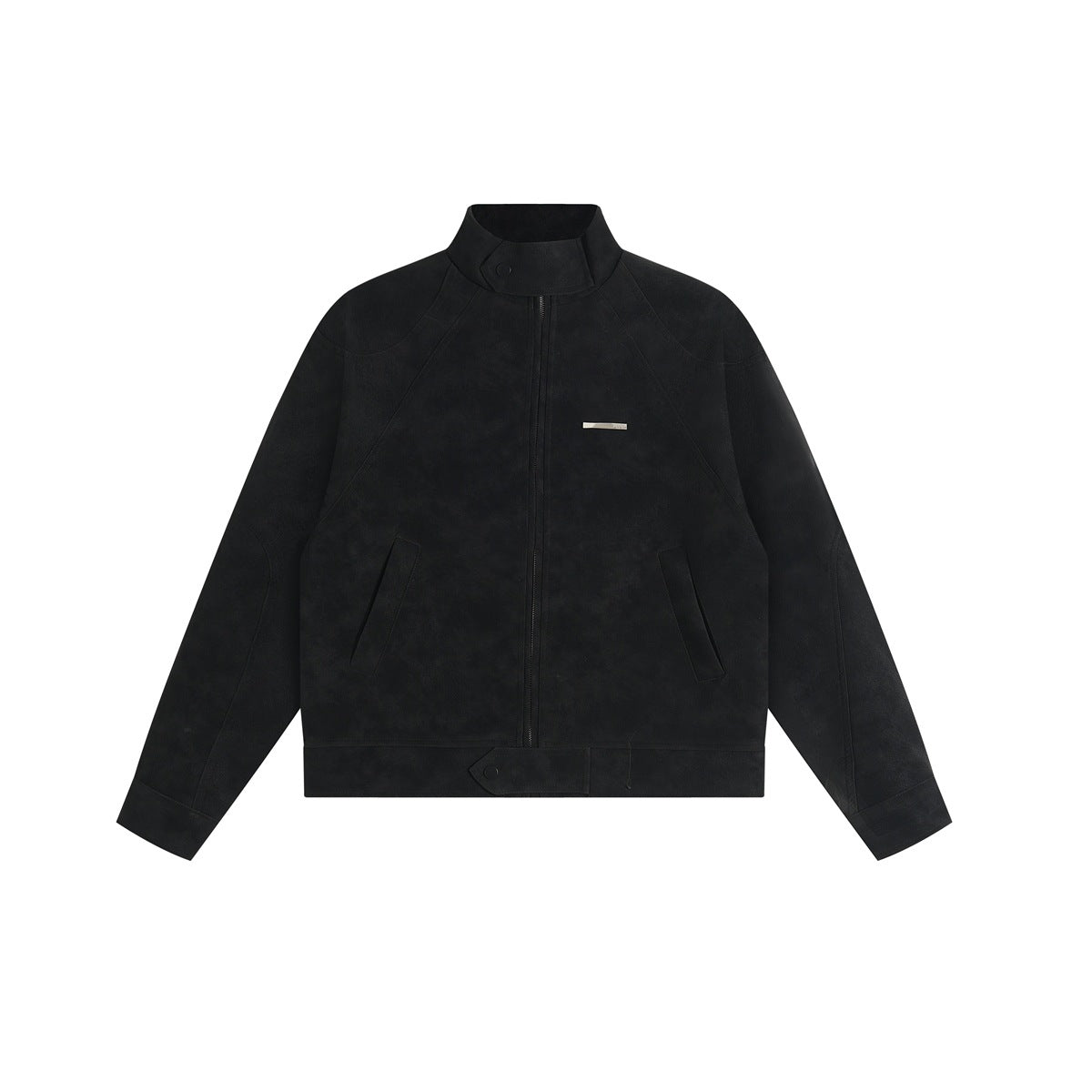 Black stand-collar zip jacket with raglan sleeves, slanted pockets and a snap waist tab, flat front view