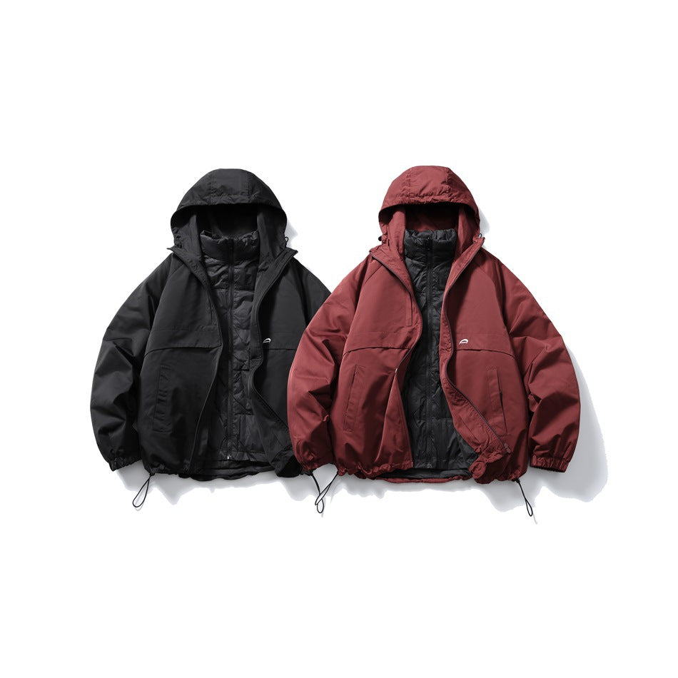 Two hooded jackets shown open from the front in black and burgundy, with black inner layers and drawcord hems.