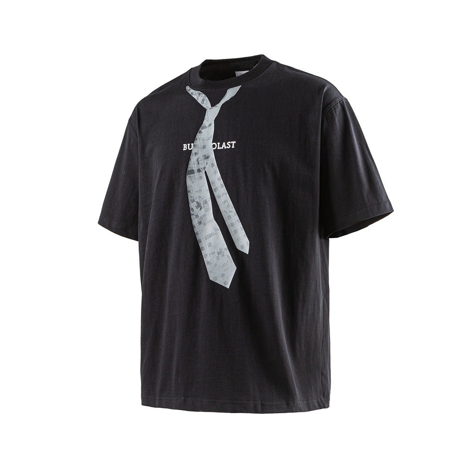 Black short-sleeve crew-neck T-shirt with a large light-colored patterned tie graphic and small English chest lettering.
