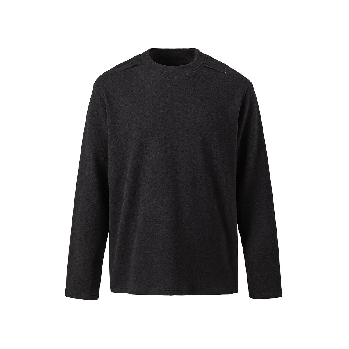 Black long-sleeve crew-neck pullover top, flat front view with shoulder seam detail