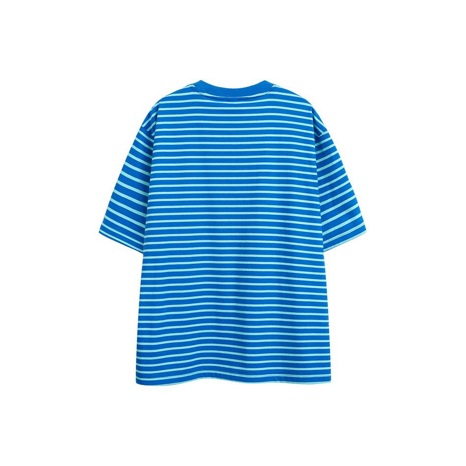 Back view of blue and light aqua striped short-sleeve crew-neck T-shirt with dropped shoulders