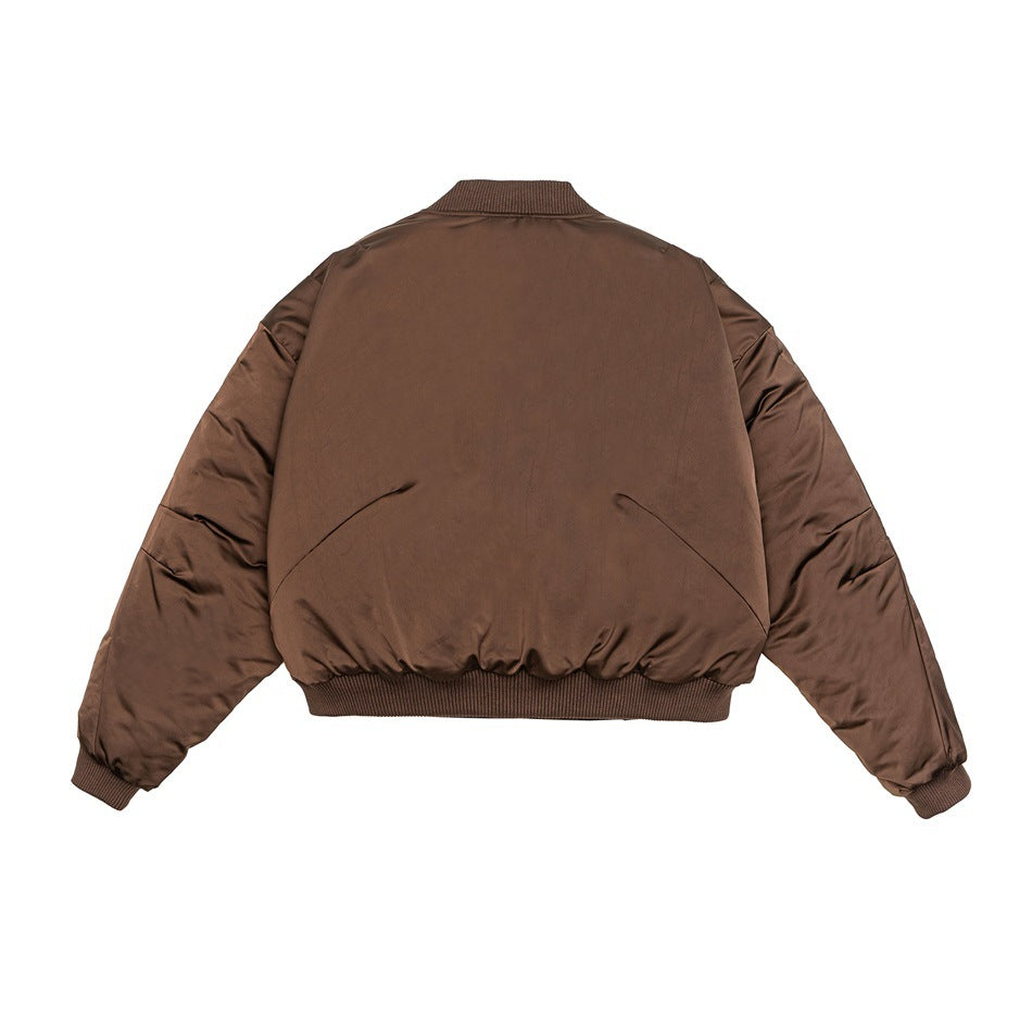 Back view of brown satin-finish padded bomber jacket showing ribbed collar, cuffs and hem and quilted-looking sleeves