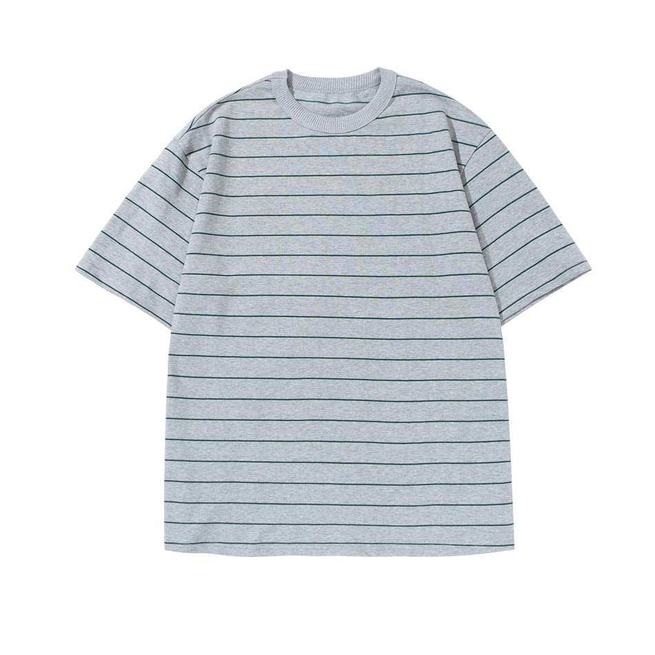 Gray heather striped crew-neck T-shirt with thin dark green stripes, front flat lay