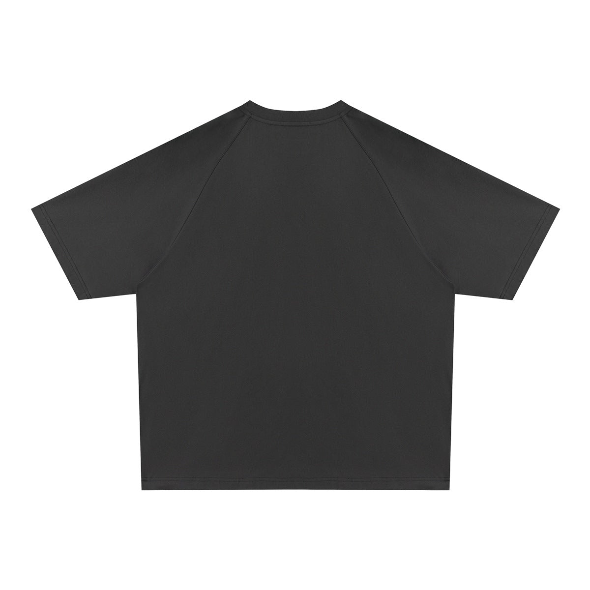 Flat lay of a plain charcoal-black short-sleeve raglan T-shirt, back view.