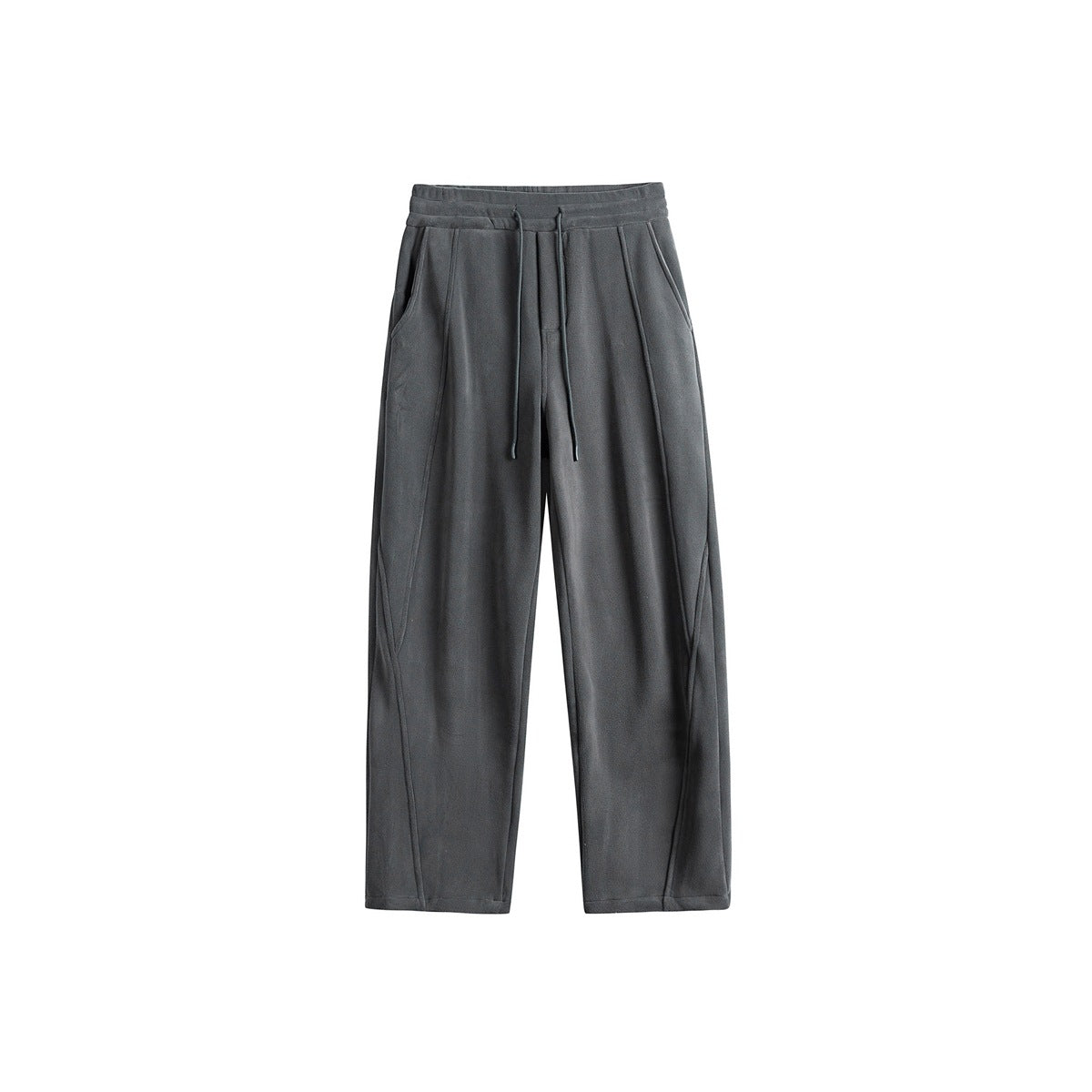Dark gray wide-leg drawstring sweatpants, flat front view with curved seams and side pockets
