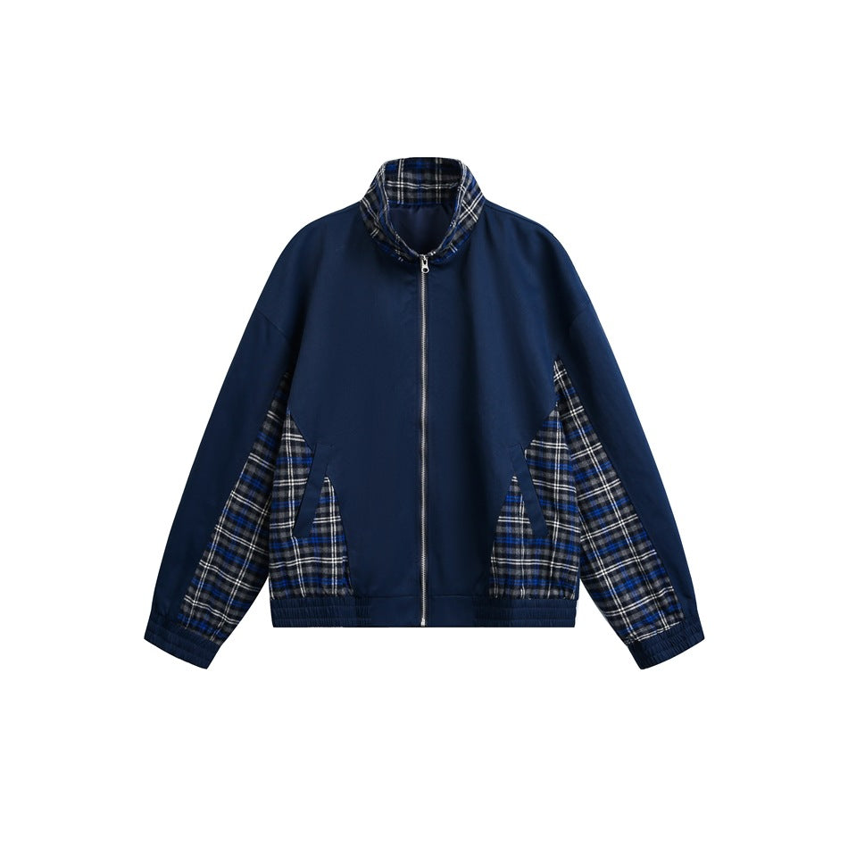 Navy zip-front stand-collar jacket with blue and gray plaid side and sleeve panels, flat front view
