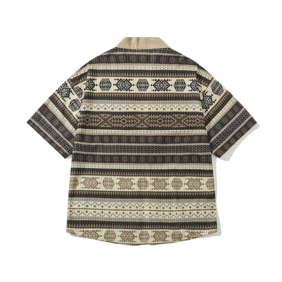 Back view of a short-sleeve jacket with horizontal brown, black and cream geometric stripes and khaki collar