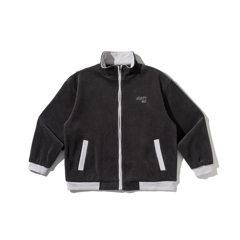 Dark gray ribbed zip-front jacket with light gray collar, zipper, pocket trim, cuffs and hem band, flat lay