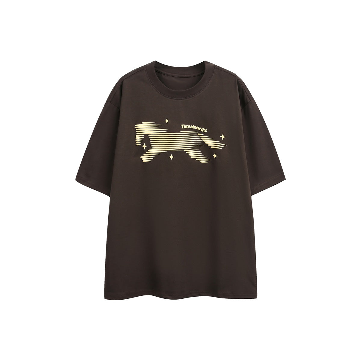 Brown short-sleeve crewneck T-shirt with pale yellow striped horse graphic and stars on the chest