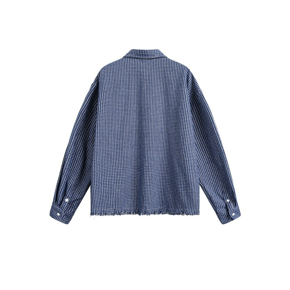 Back view of a blue-and-white checked shirt with long sleeves, button cuffs, and a frayed hem.