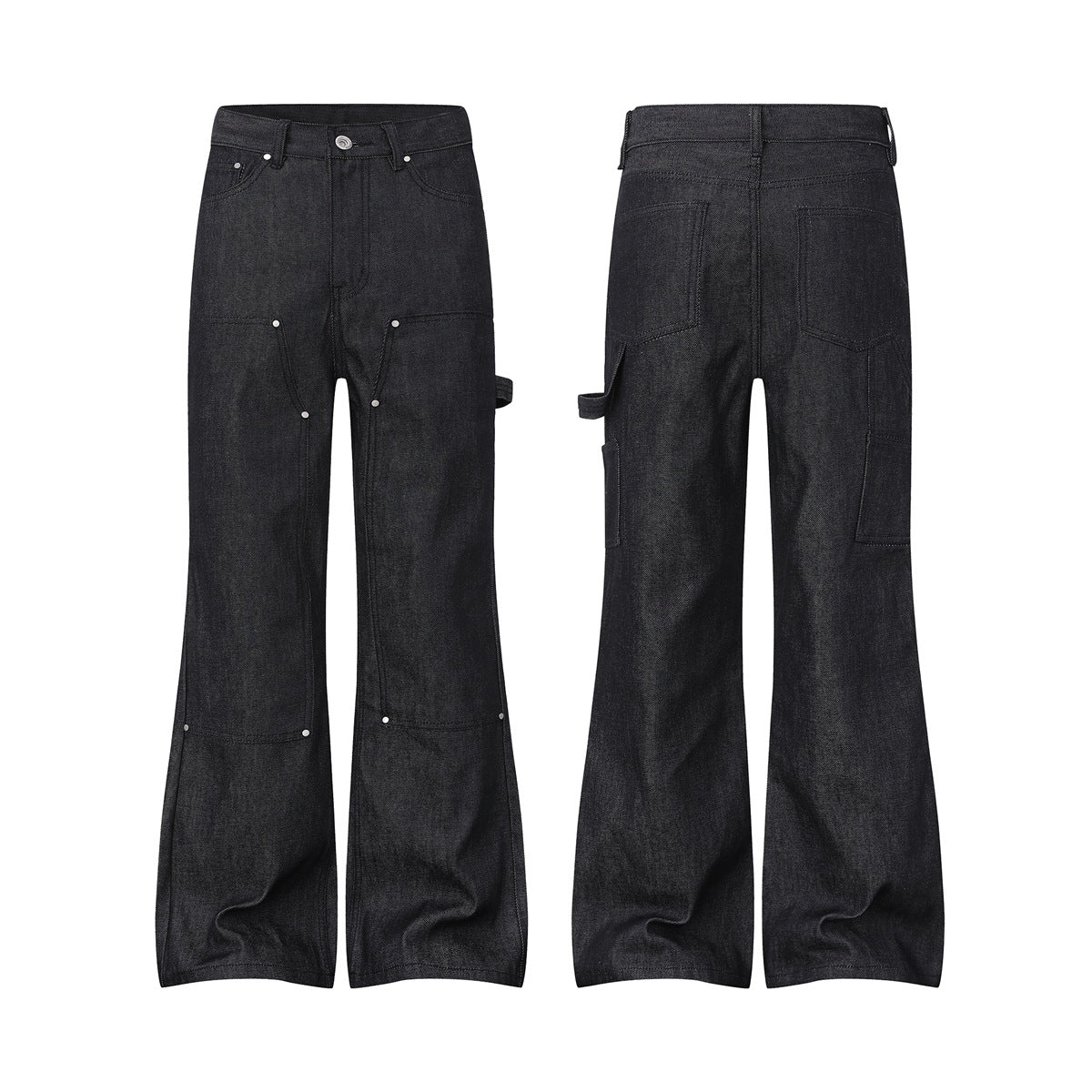 Flat lay showing the front and back of black flared denim pants with rivets and utility pockets.