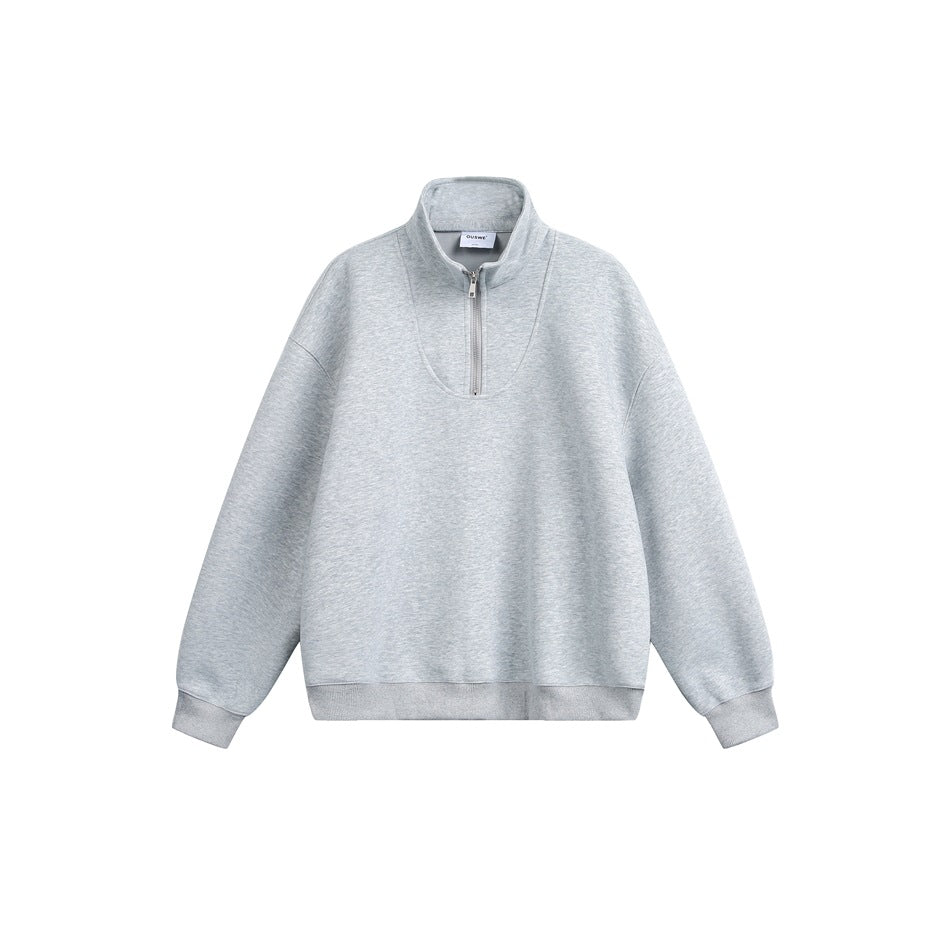 Light heather gray half-zip sweatshirt with stand collar and ribbed cuffs and hem, flat front view