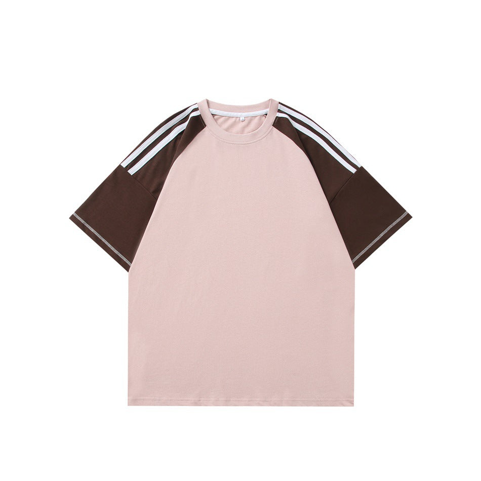 Pink crew-neck T-shirt with brown raglan sleeves, white shoulder stripes and contrast stitching at the sleeve hems
