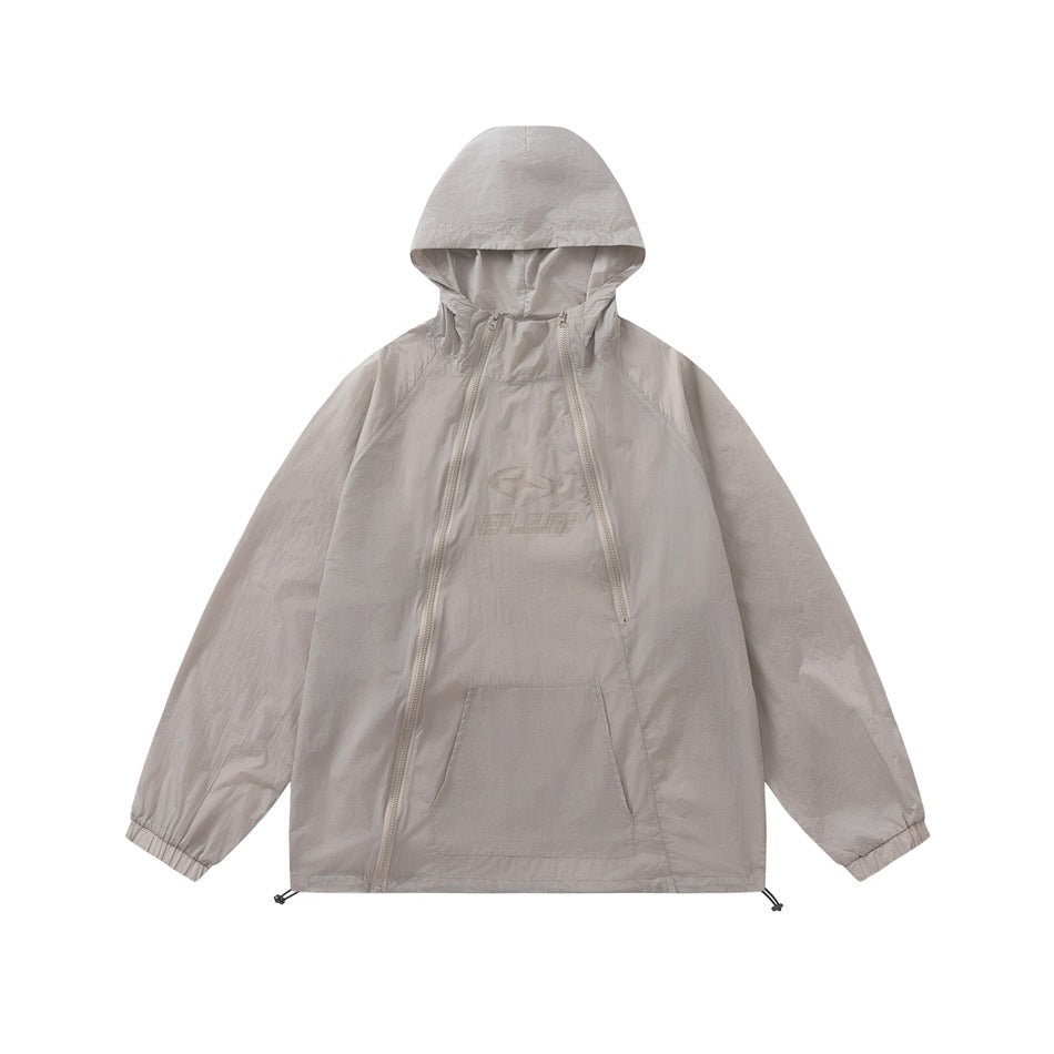 Light gray hooded jacket with diagonal double front zippers, kangaroo pocket, elastic cuffs and drawstring hem, front view