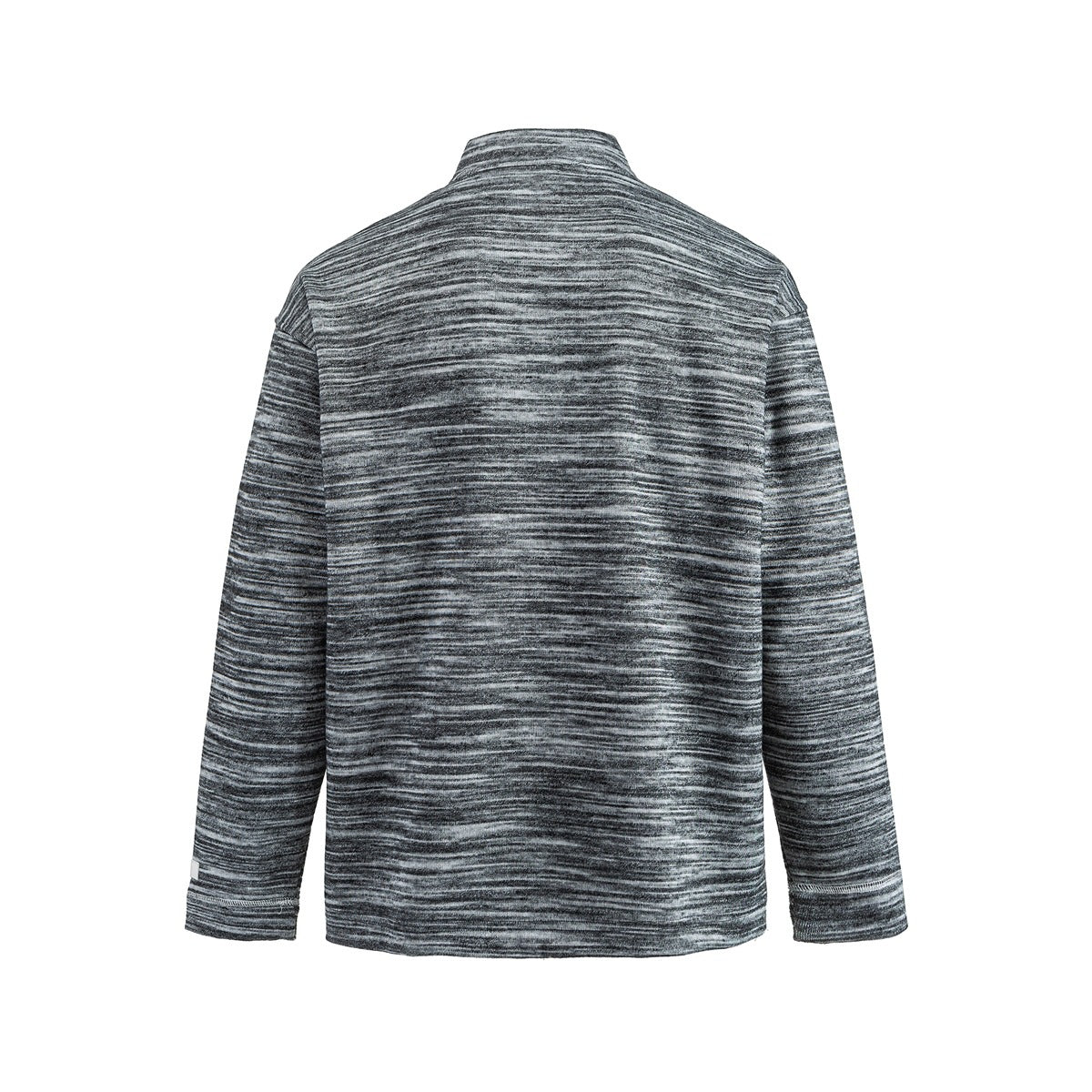 Back view of a charcoal heathered long-sleeve shirt with a band collar.