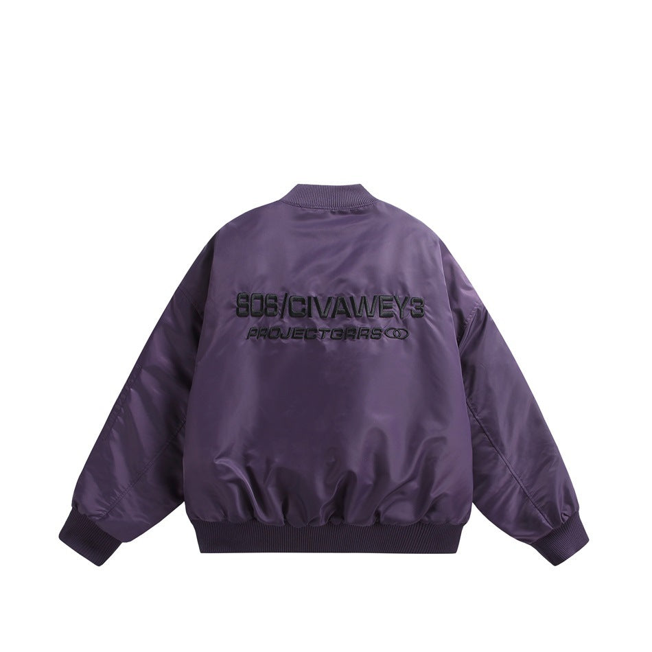 Back of a purple satin bomber jacket with ribbed cuffs and hem and black embroidered lettering.