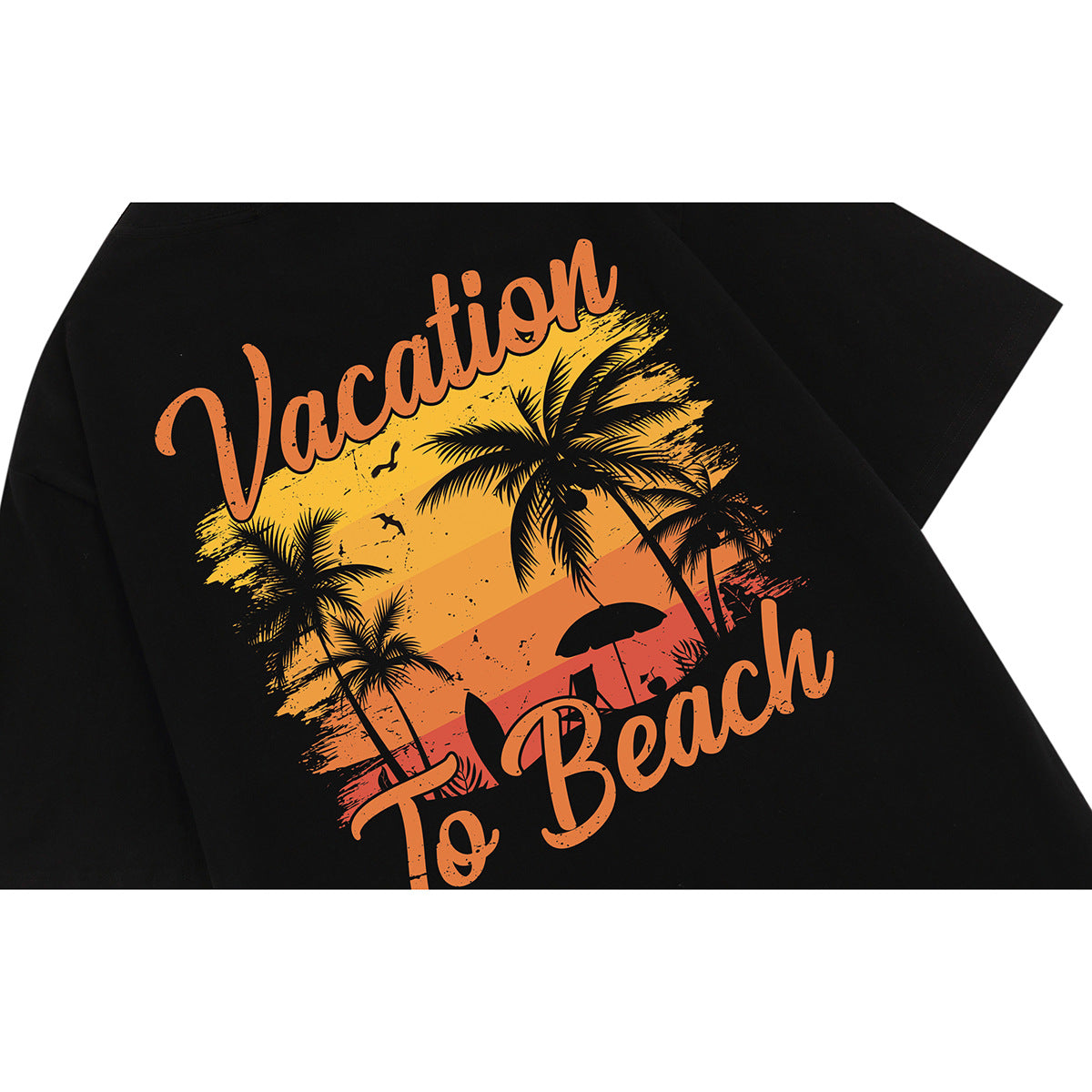 Black T-shirt back with a large orange sunset beach scene, palm trees, and “Vacation To Beach” lettering.