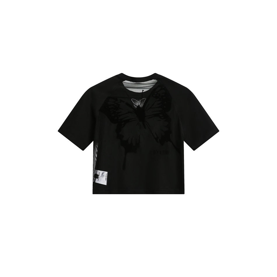 Black cropped short-sleeve top shown from the front, with a large dark butterfly design and a small white butterfly at the