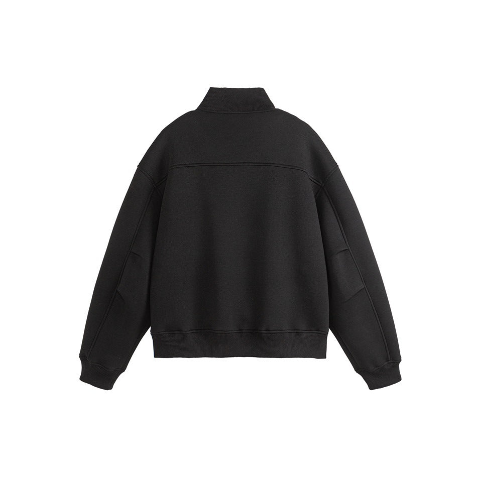 Back view of a black jacket with a stand collar, long sleeves, and ribbed cuffs and hem on a white background.