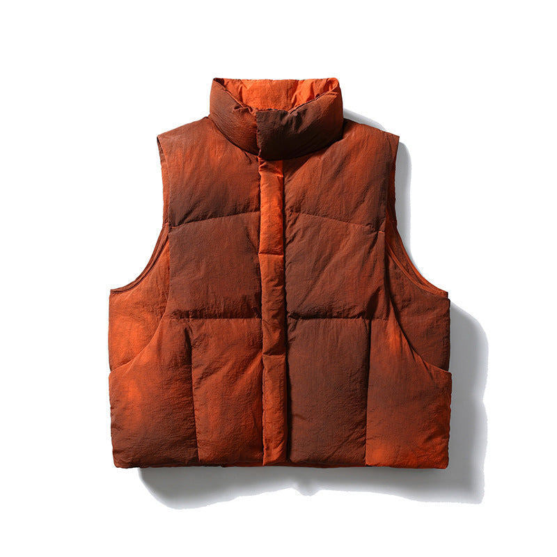 Rust orange sleeveless quilted puffer vest with stand collar and center placket, flat lay