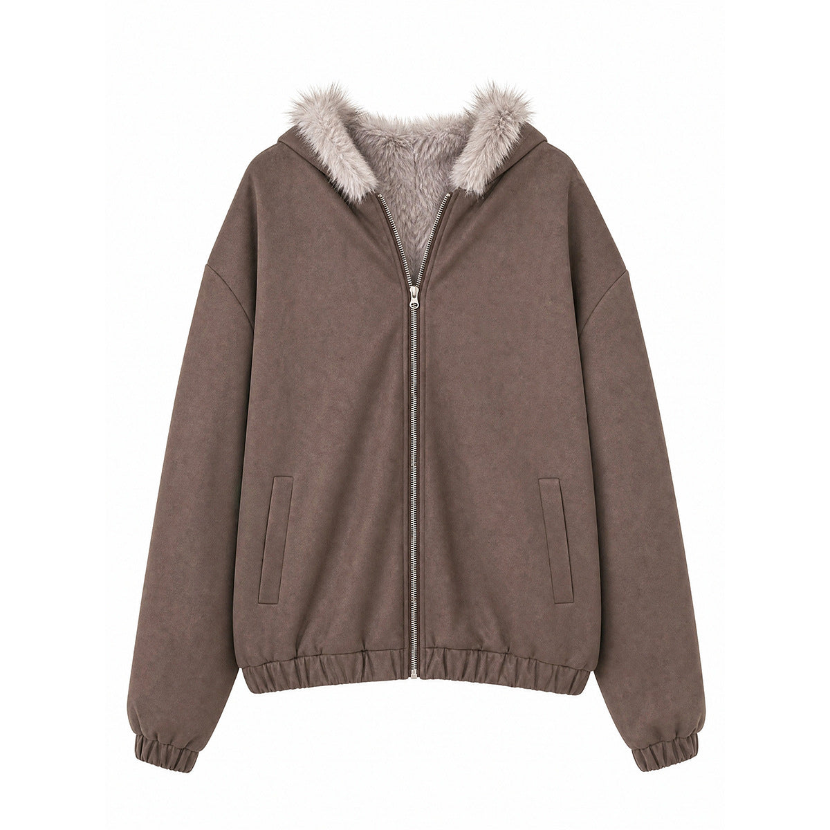 Dark brown hooded zip-up jacket with suede-like finish, plush taupe hood trim, side pockets and elastic cuffs