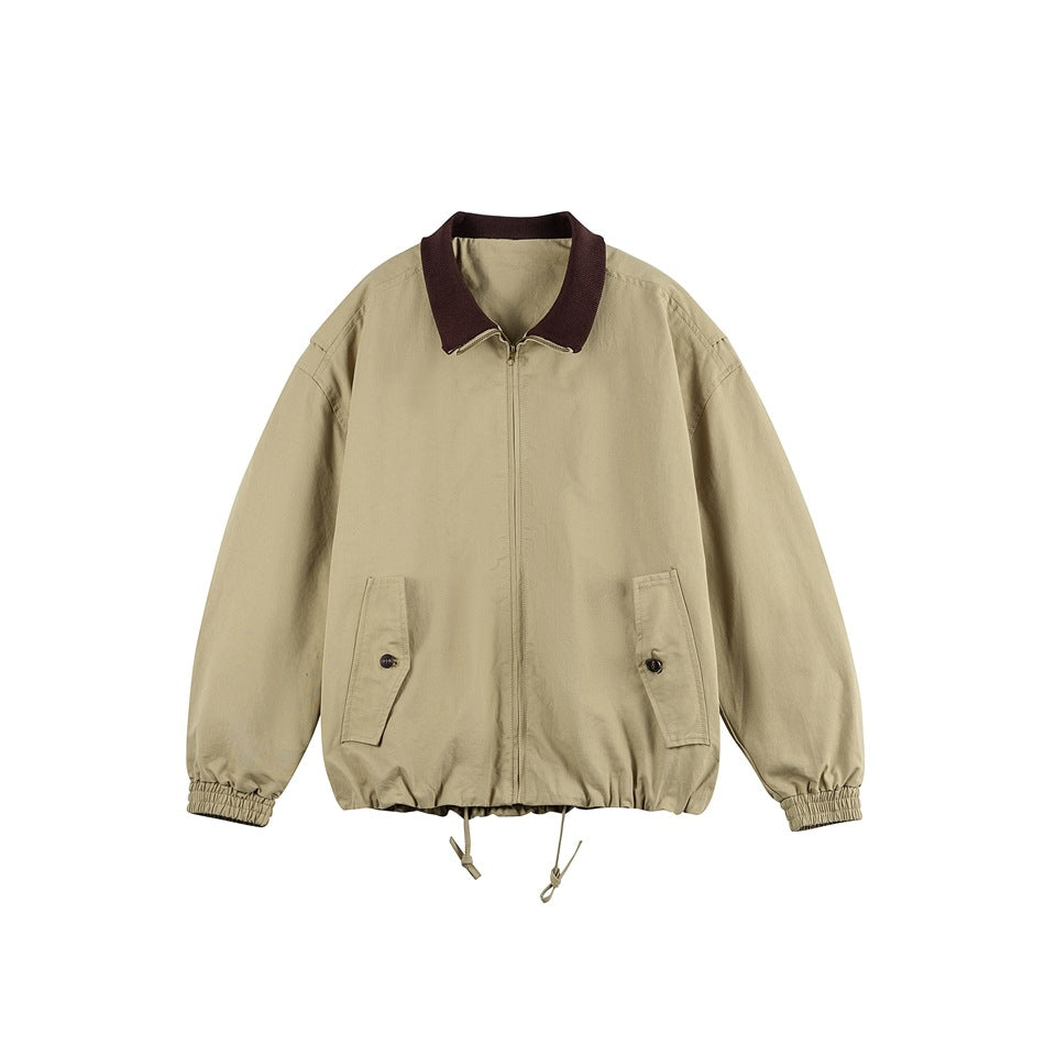 Khaki zip-front jacket with dark brown knit collar, flap pockets and drawstring hem on a white background