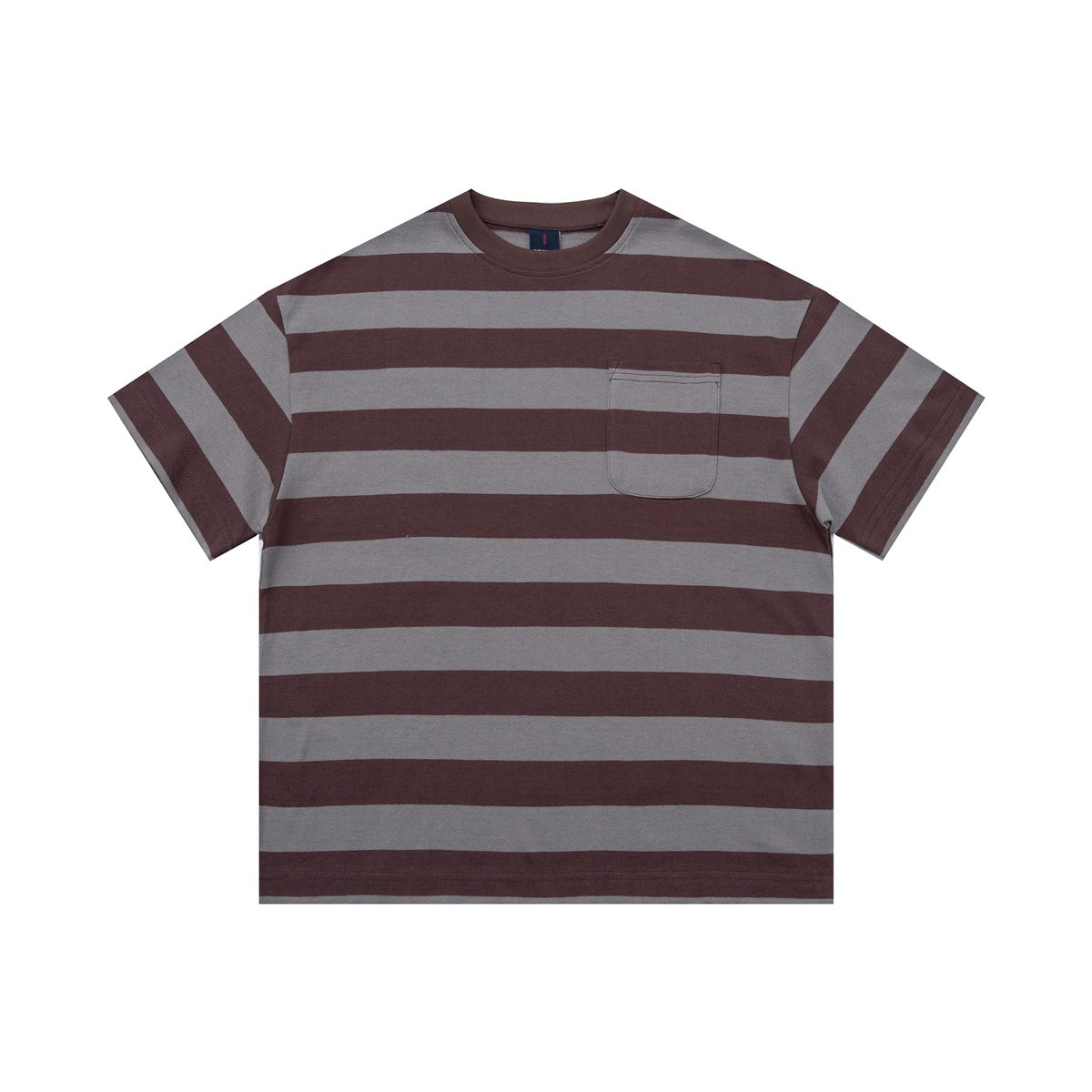Brown and gray wide-striped short-sleeve crew-neck T-shirt with chest pocket, flat front view