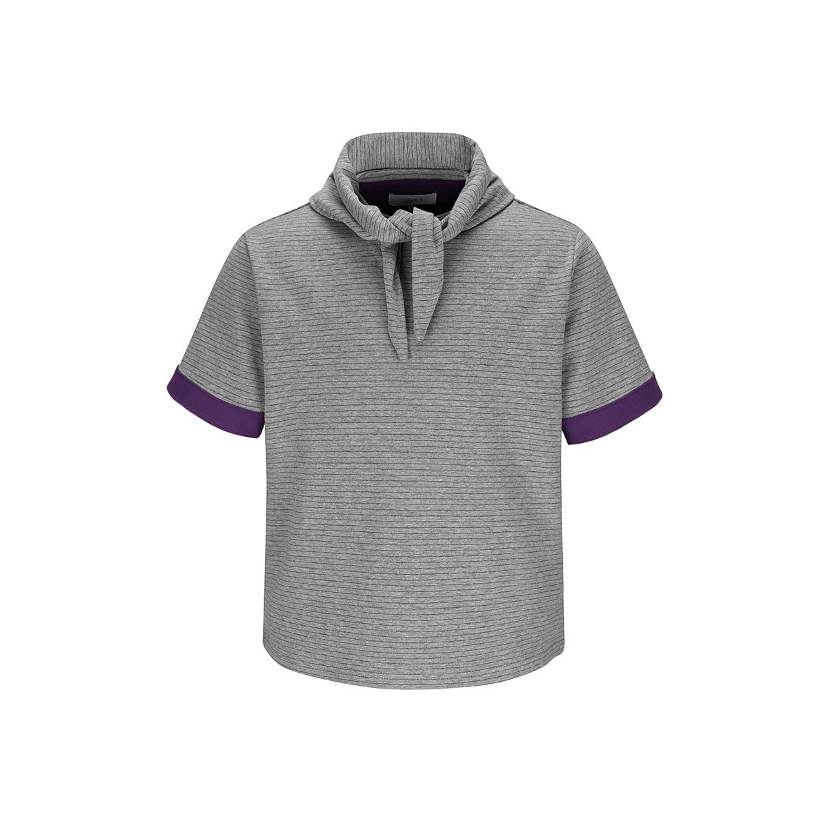 Gray striped short-sleeve T-shirt with scarf-style neck tie and purple folded cuffs, flat front view