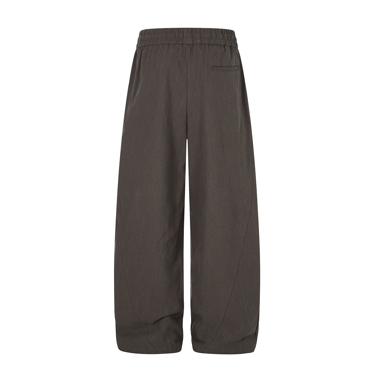 Back view of dark brown wide-leg trousers with a gathered waistband and a small rear pocket.