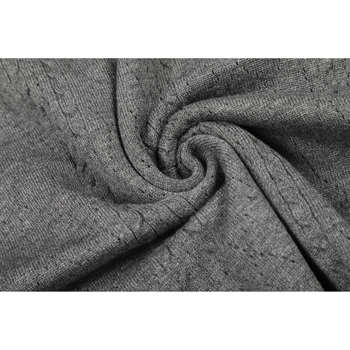 Close-up showing the textured gray knit fabric of the top.