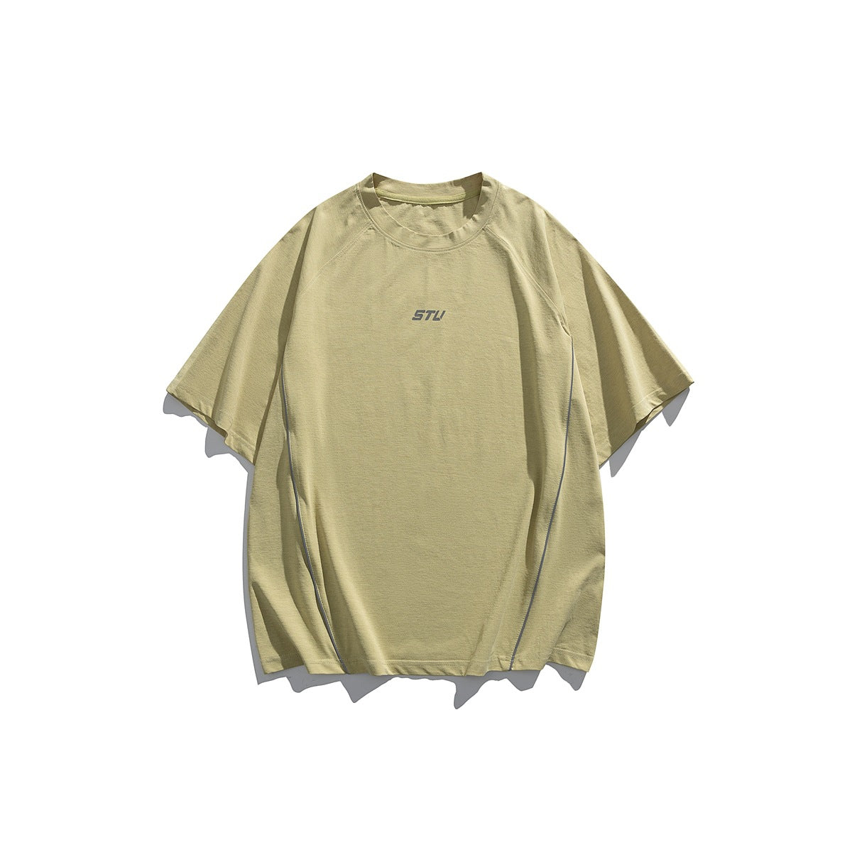 Light olive green short-sleeve raglan T-shirt with small gray STU print and gray side piping, flat lay