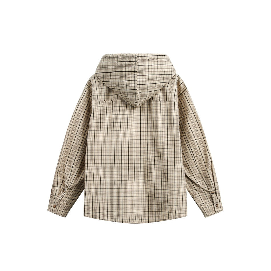 Back view of a beige plaid hooded shirt jacket laid flat, with long sleeves and buttoned cuffs.