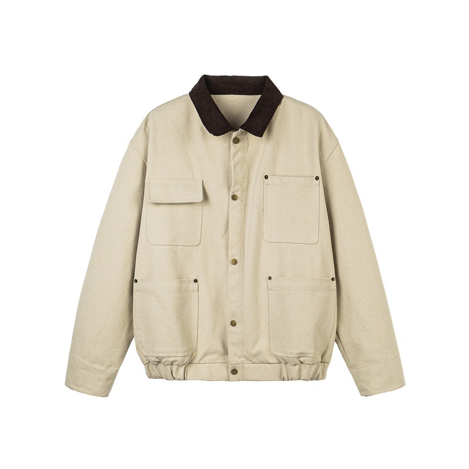 Khaki collared jacket with dark brown collar, snap buttons, four front pockets and elastic hem, flat front view