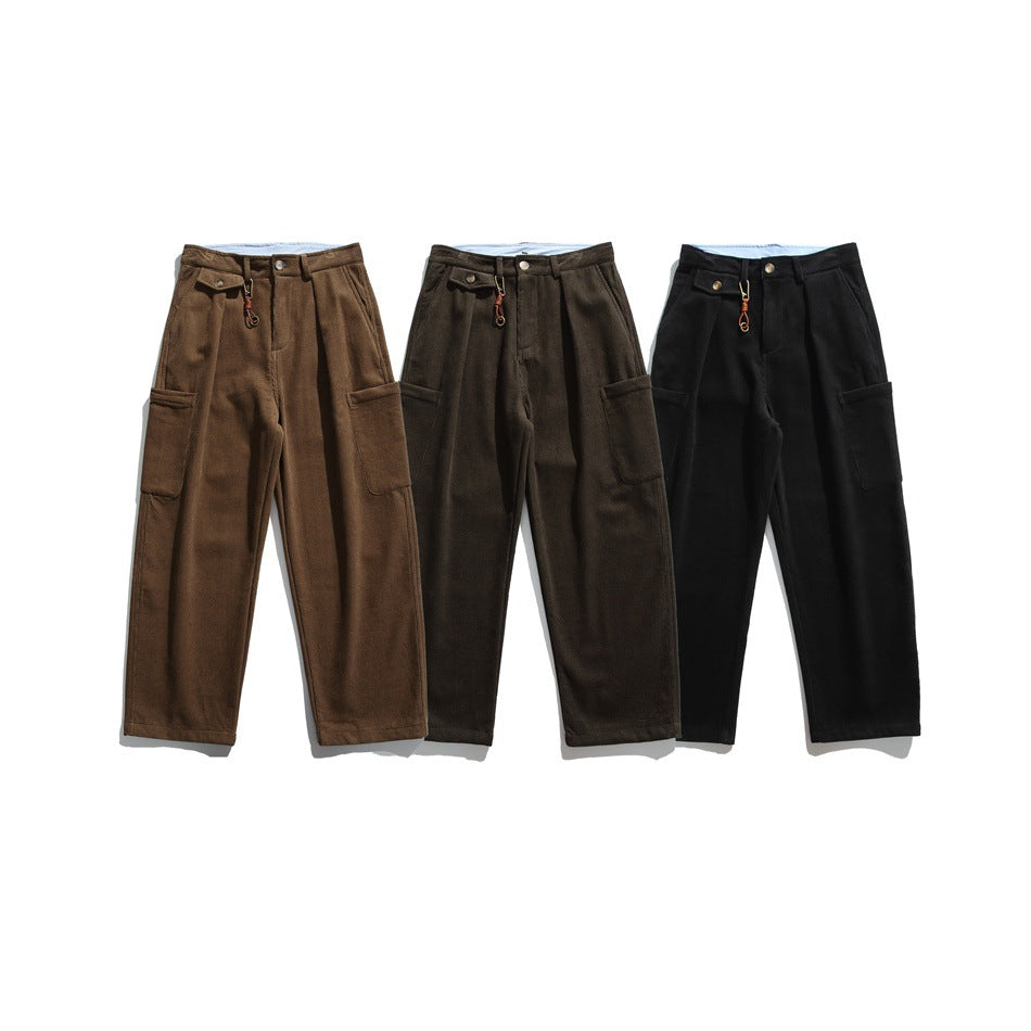 Three pairs of wide-leg utility trousers shown from the front in brown, dark brown and black.