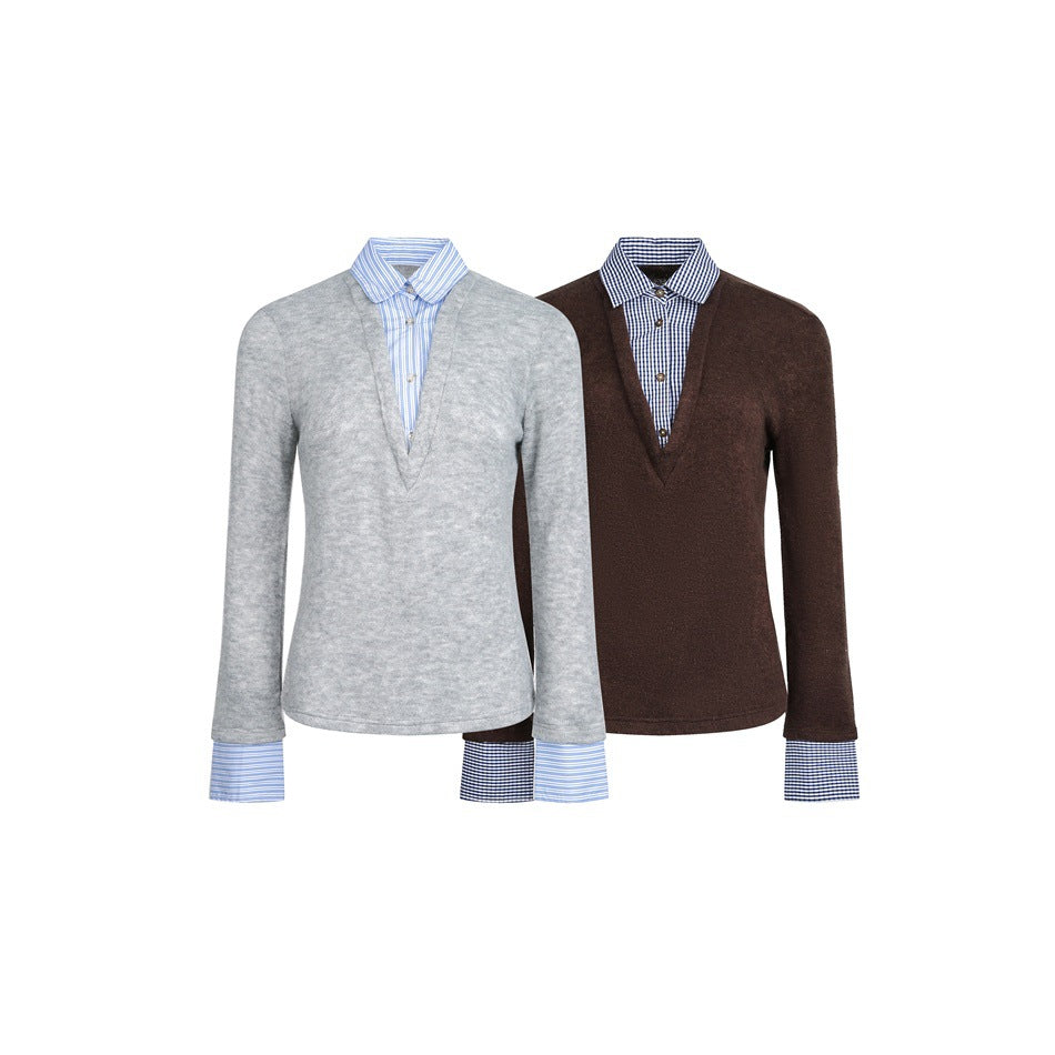 Two V-neck sweater-and-shirt tops shown together: one light gray with blue stripes and one dark brown with a checked shirt.